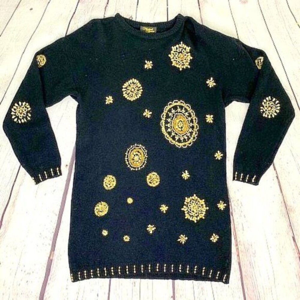 80s VTG MARSHALL ROUSSO GOLD BEADED LONG SWEATER - M